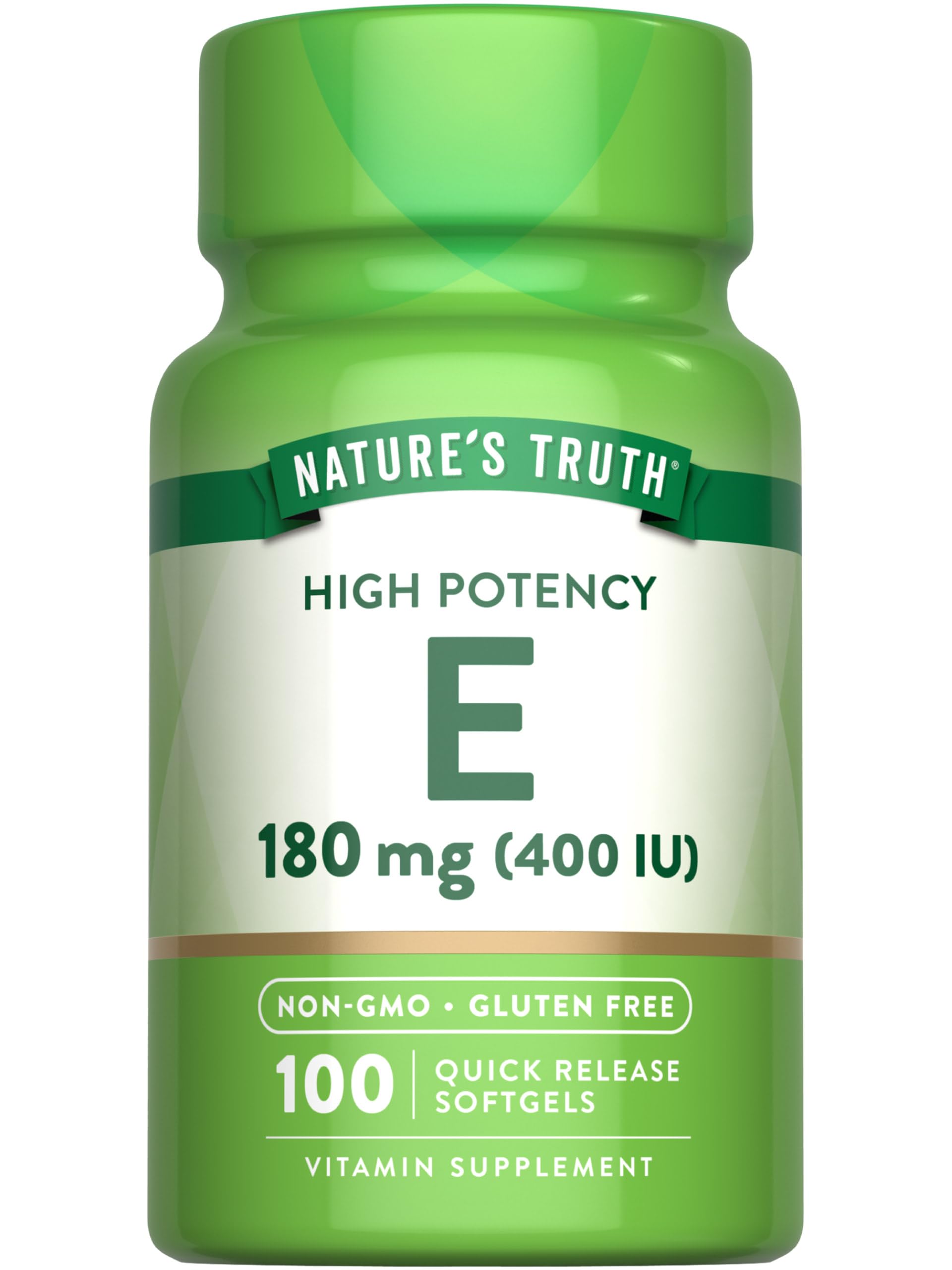 Nature's Truth Vitamin E Softgels bottle showing 400 IU 180 mg and 100 count