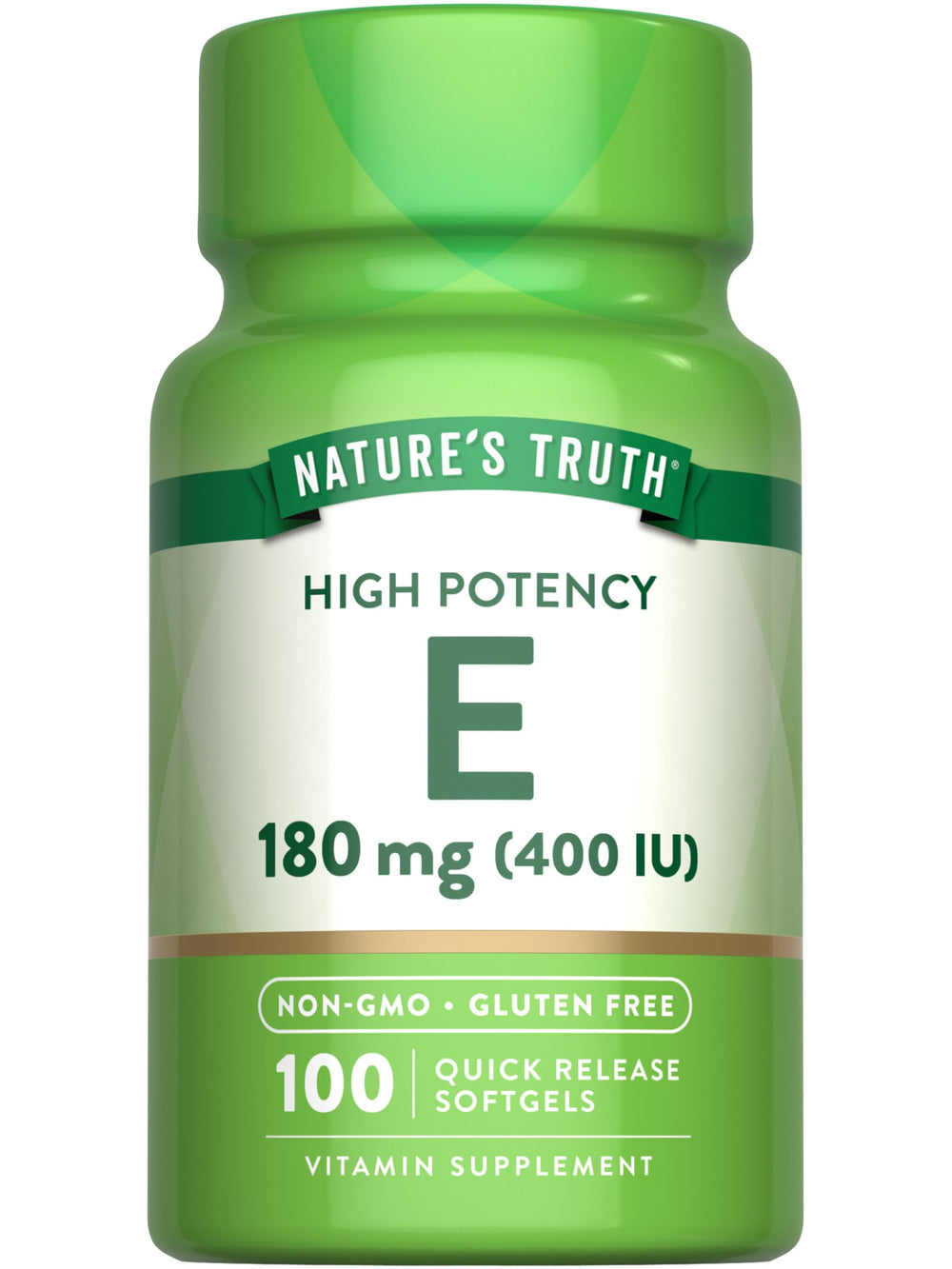 Nature's Truth Vitamin E Softgels bottle showing 400 IU 180 mg and 100 count