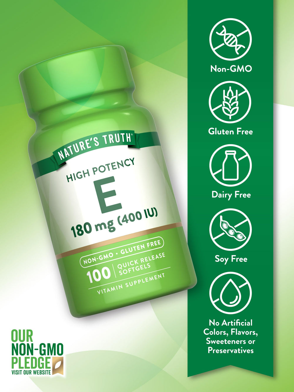 Front of Nature's Truth Vitamin E Softgels bottle label highlighting Non-GMO and Gluten Free