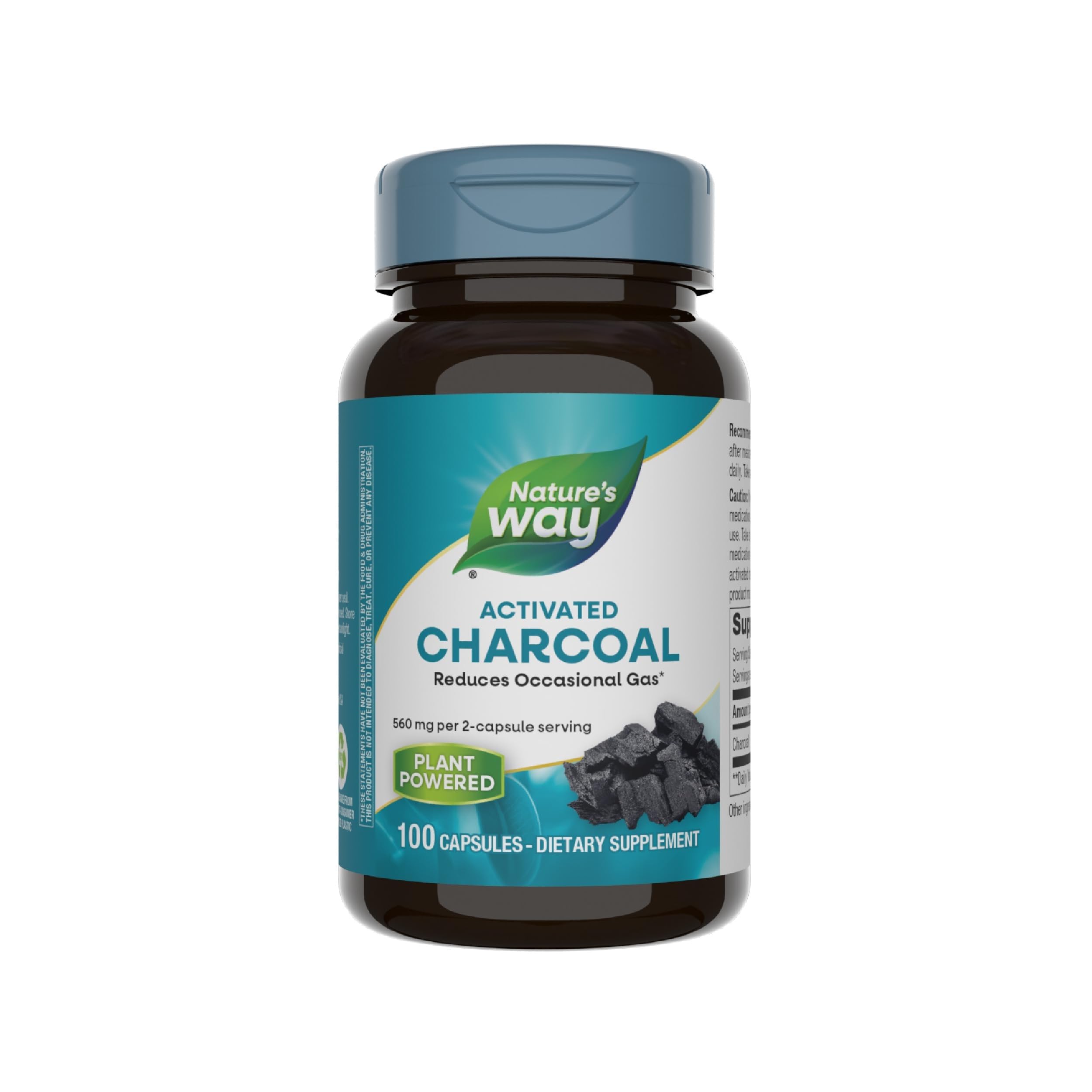 Nature's Way Activated Charcoal bottle with 100 capsules and 560 mg per serving