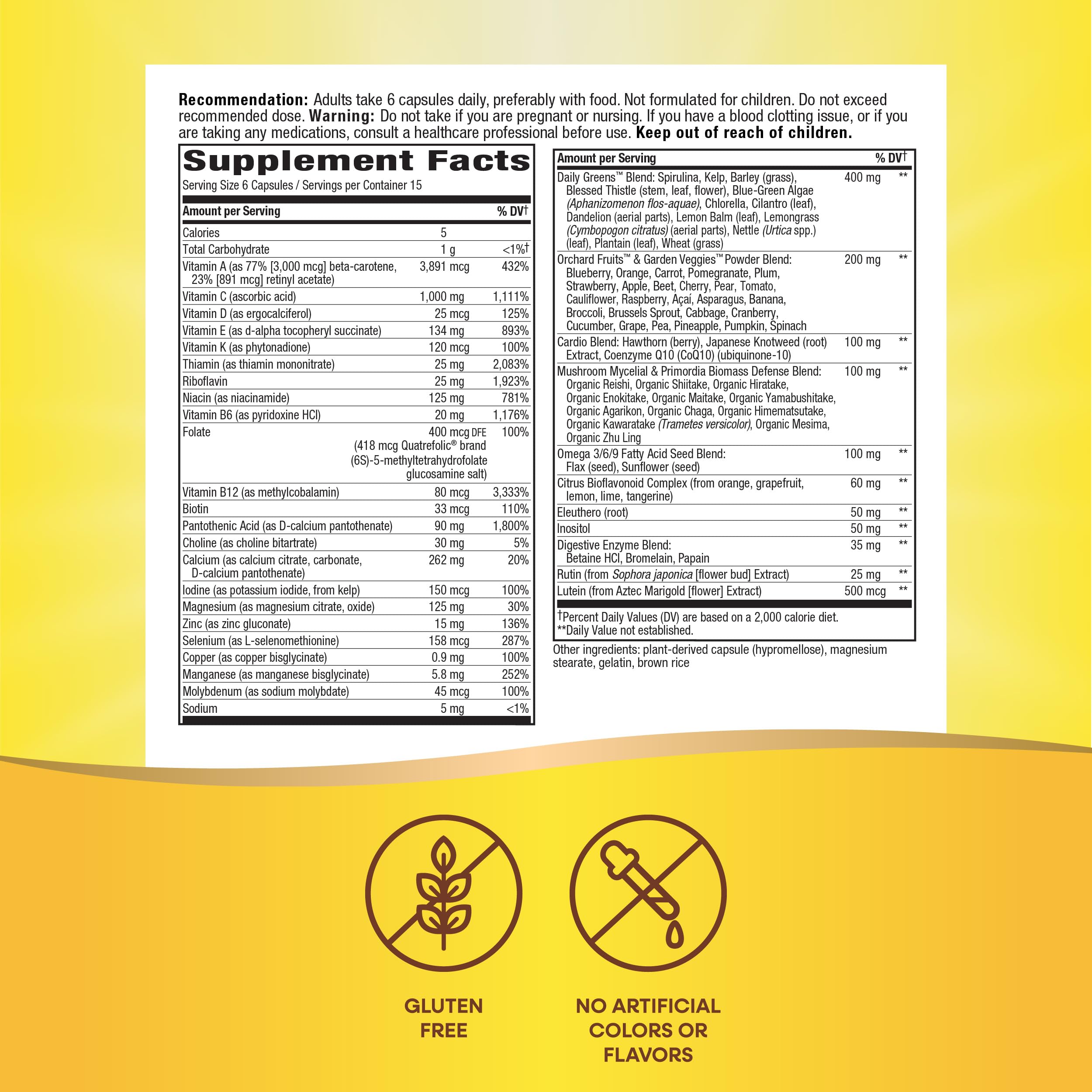 Nutrition facts panel highlighting 22 vitamins and minerals