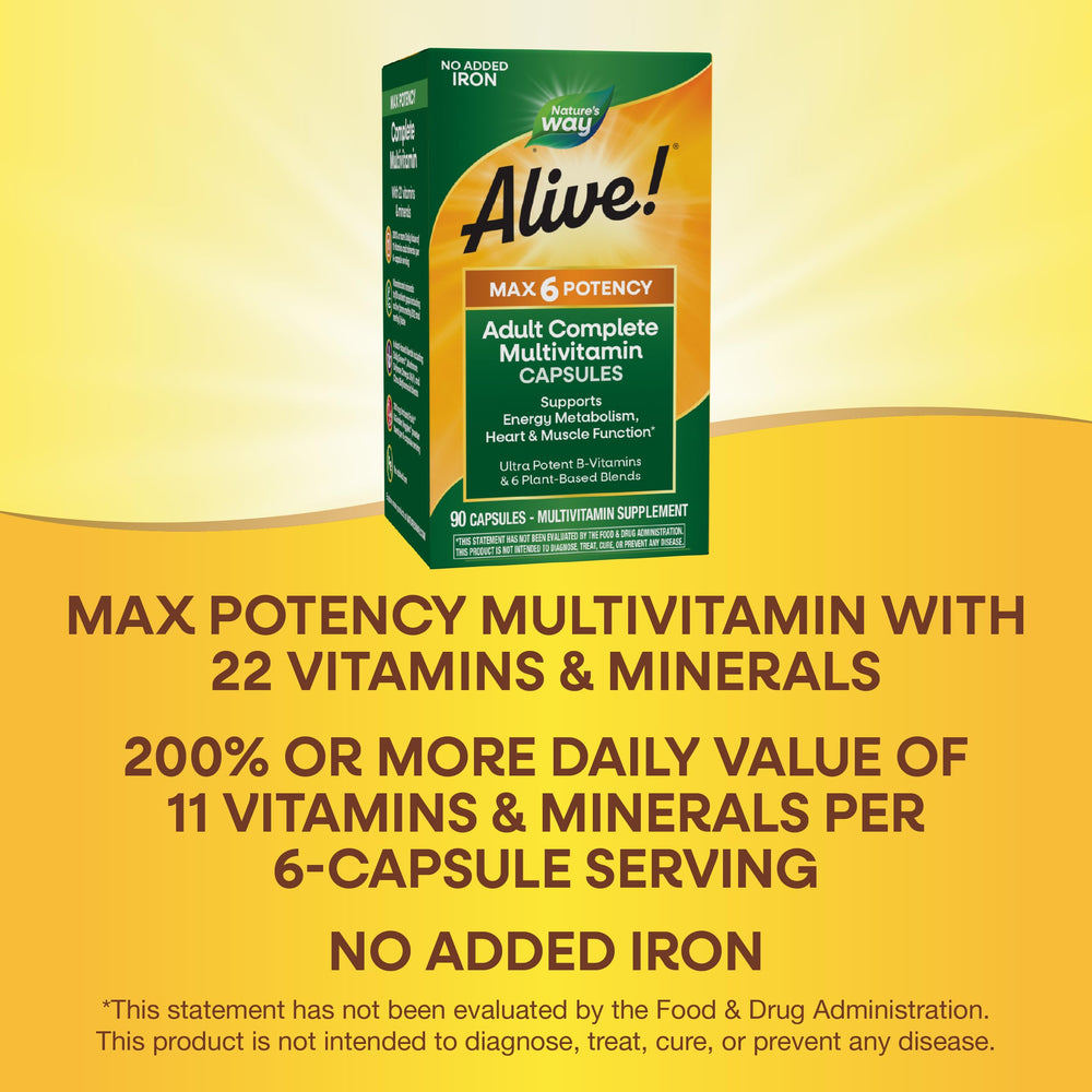 Serving size indicates 6 capsules per day on the bottle