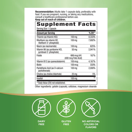 Close-up of B-vitamins capsules from Nature's Way B-100 Complex
