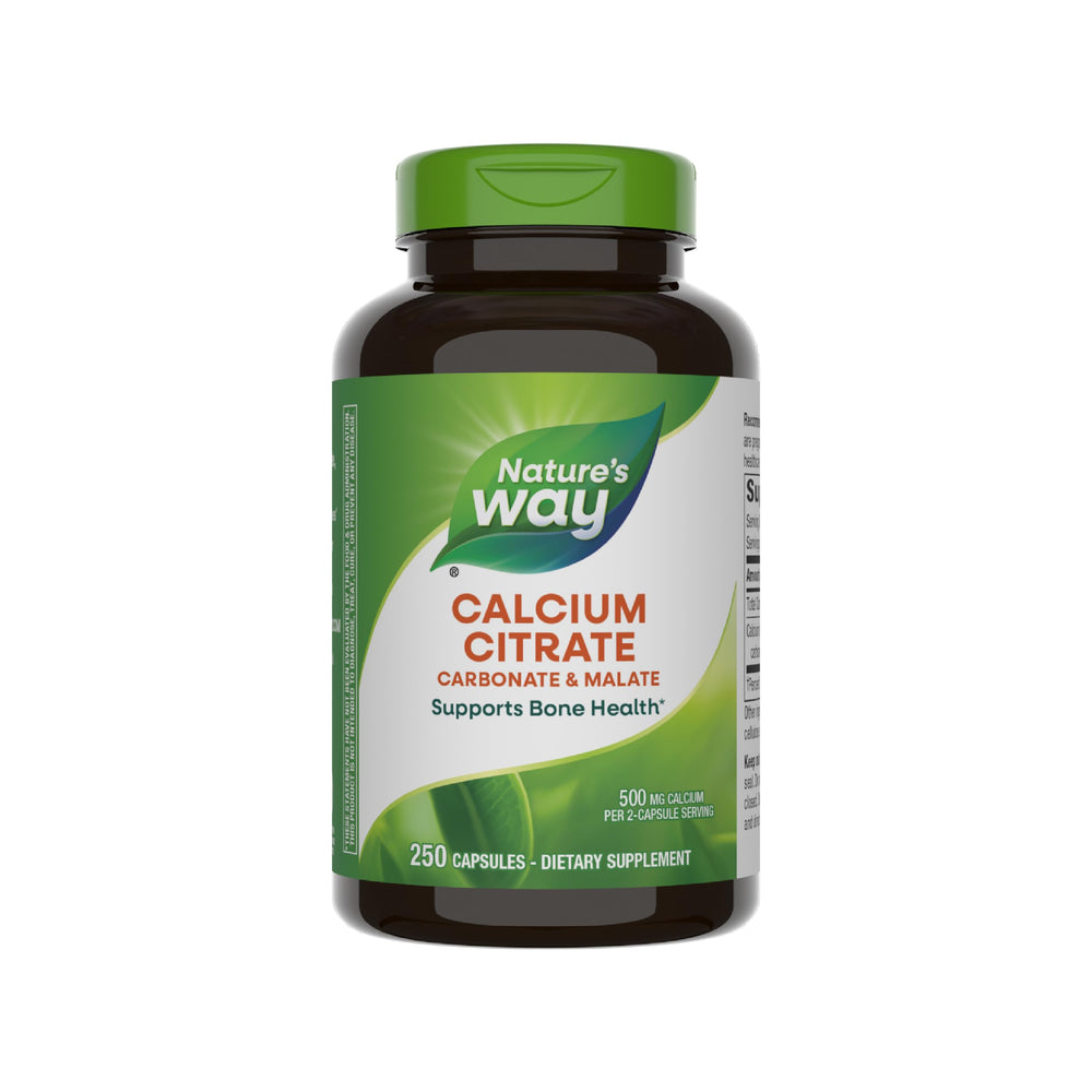 Nature's Way Calcium Citrate bottle label showing 500 mg per 2-capsule serving.