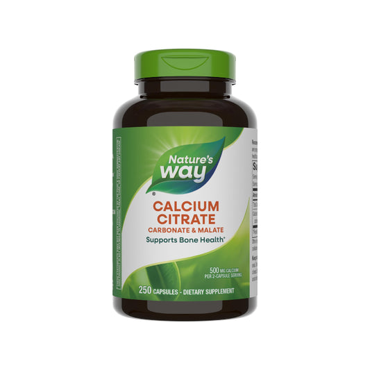 Nature's Way Calcium Citrate bottle label showing 500 mg per 2-capsule serving.