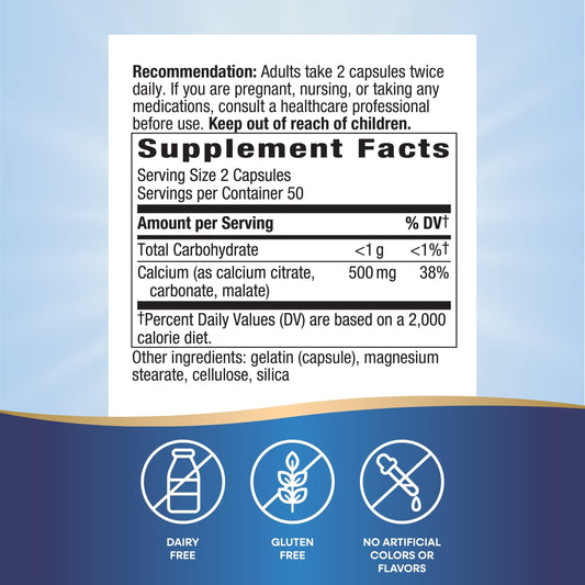 Close-up of calcium citrate, carbonate, and malate capsules