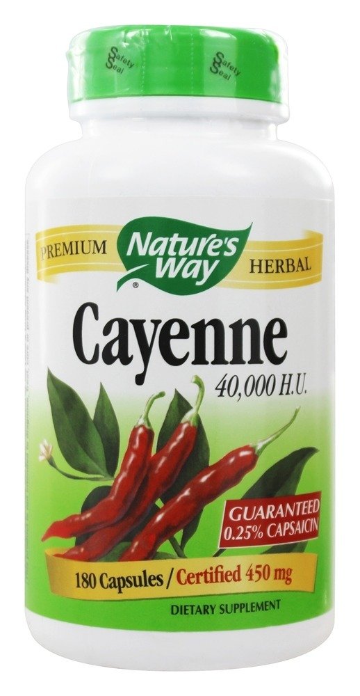 Front packaging of Natures Way Cayenne Pepper 40000 HU 180 ct