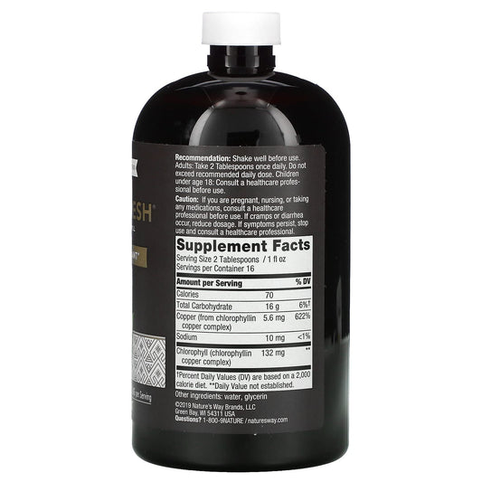 Back label of Nature's Way Chlorofresh Liquid Chlorophyll Internal Deodorant 16 oz unflavored bottle