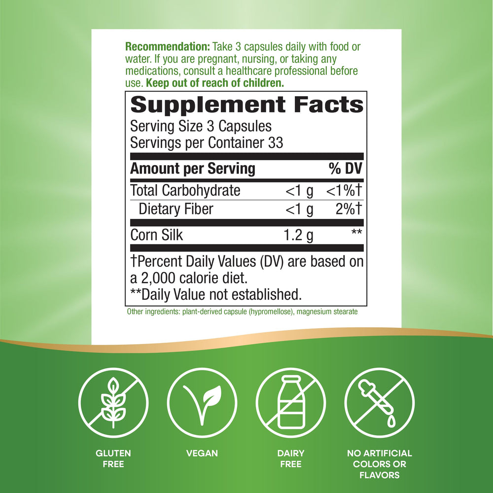 Vegan and gluten-free corn silk dietary supplement information