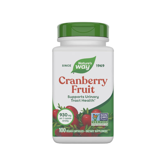 Bottle of Nature's Way Cranberry Fruit cranberry capsules on a white background