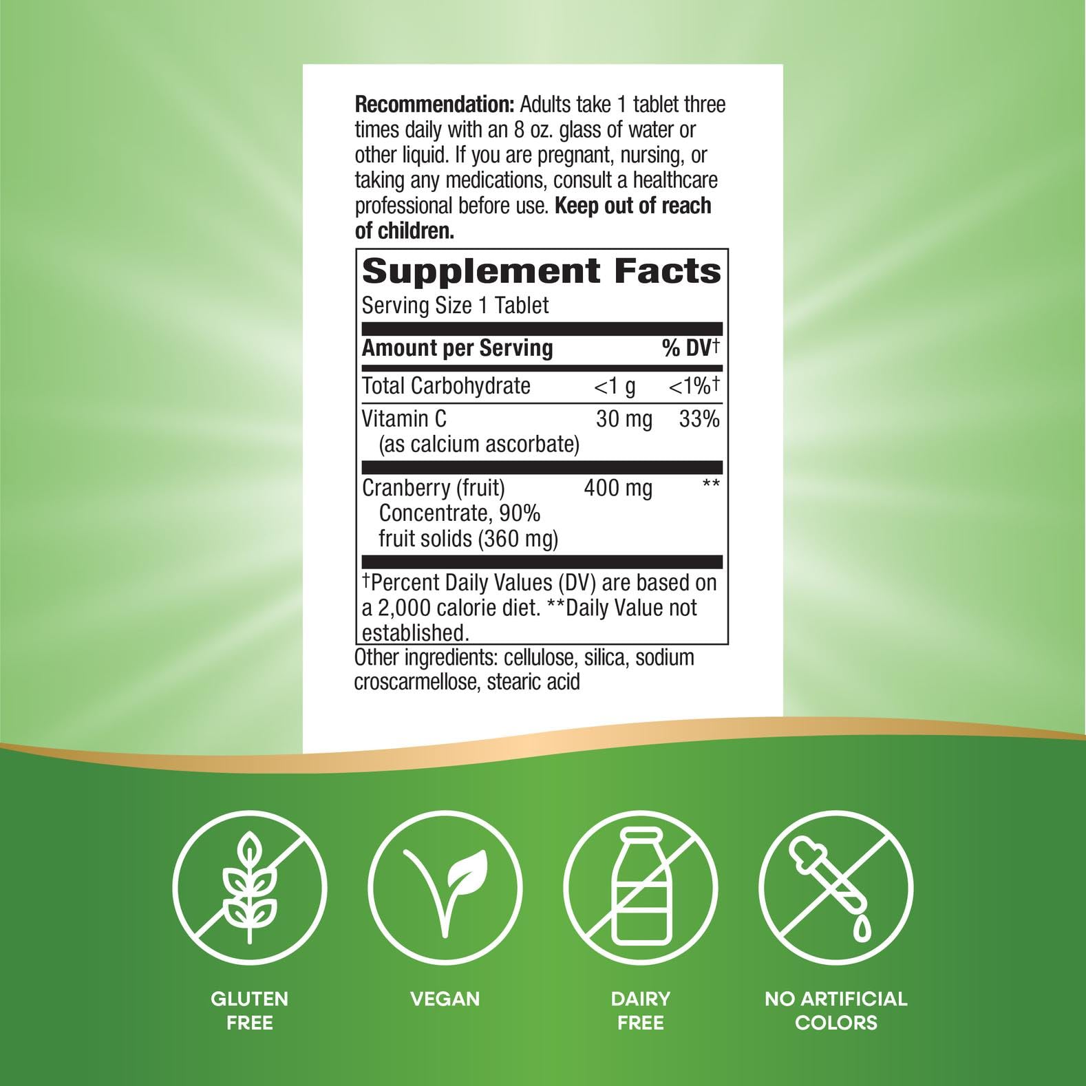Close-up of cranberry concentrate 400 mg per serving on the bottle label