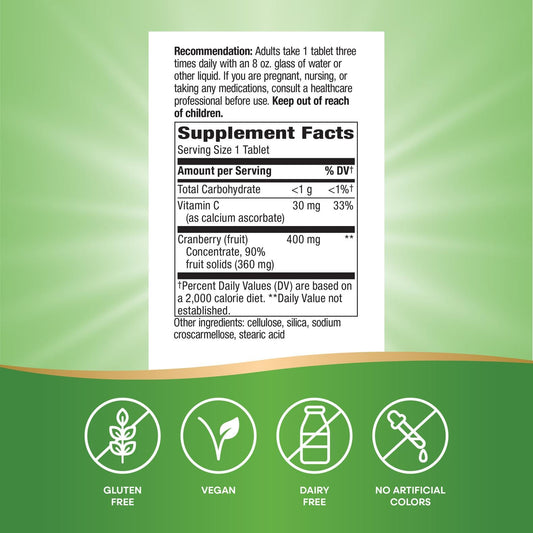 Close-up of cranberry concentrate 400 mg per serving on the bottle label