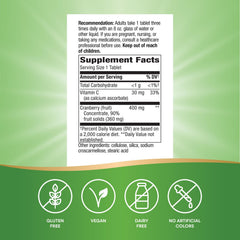 Close-up of cranberry concentrate 400 mg per serving on the bottle label