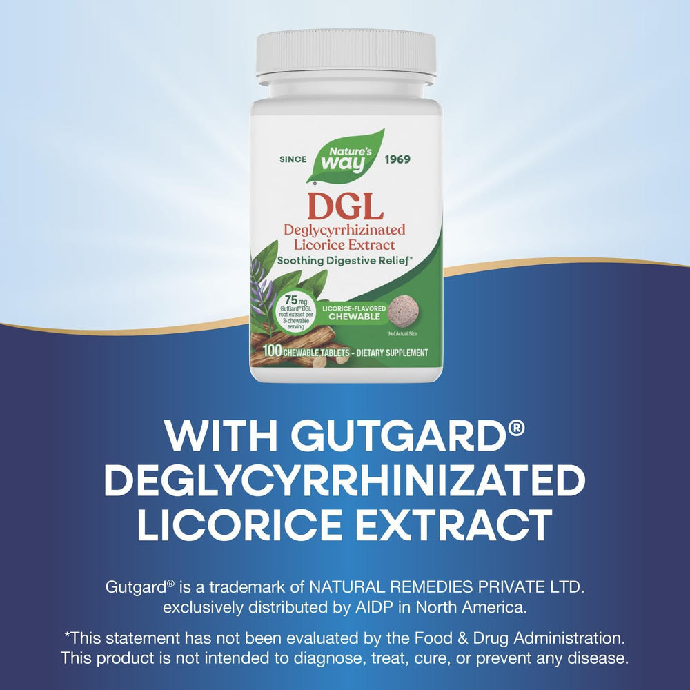 Gluten-free and vegan labels on Nature's Way DGL chewables