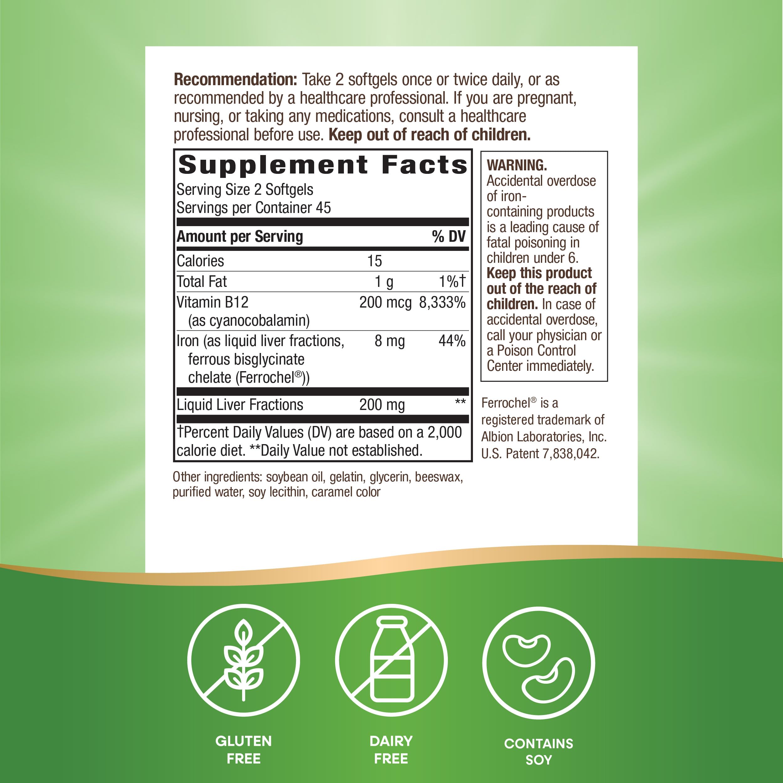 Gluten-free iron and B12 supplement packaging