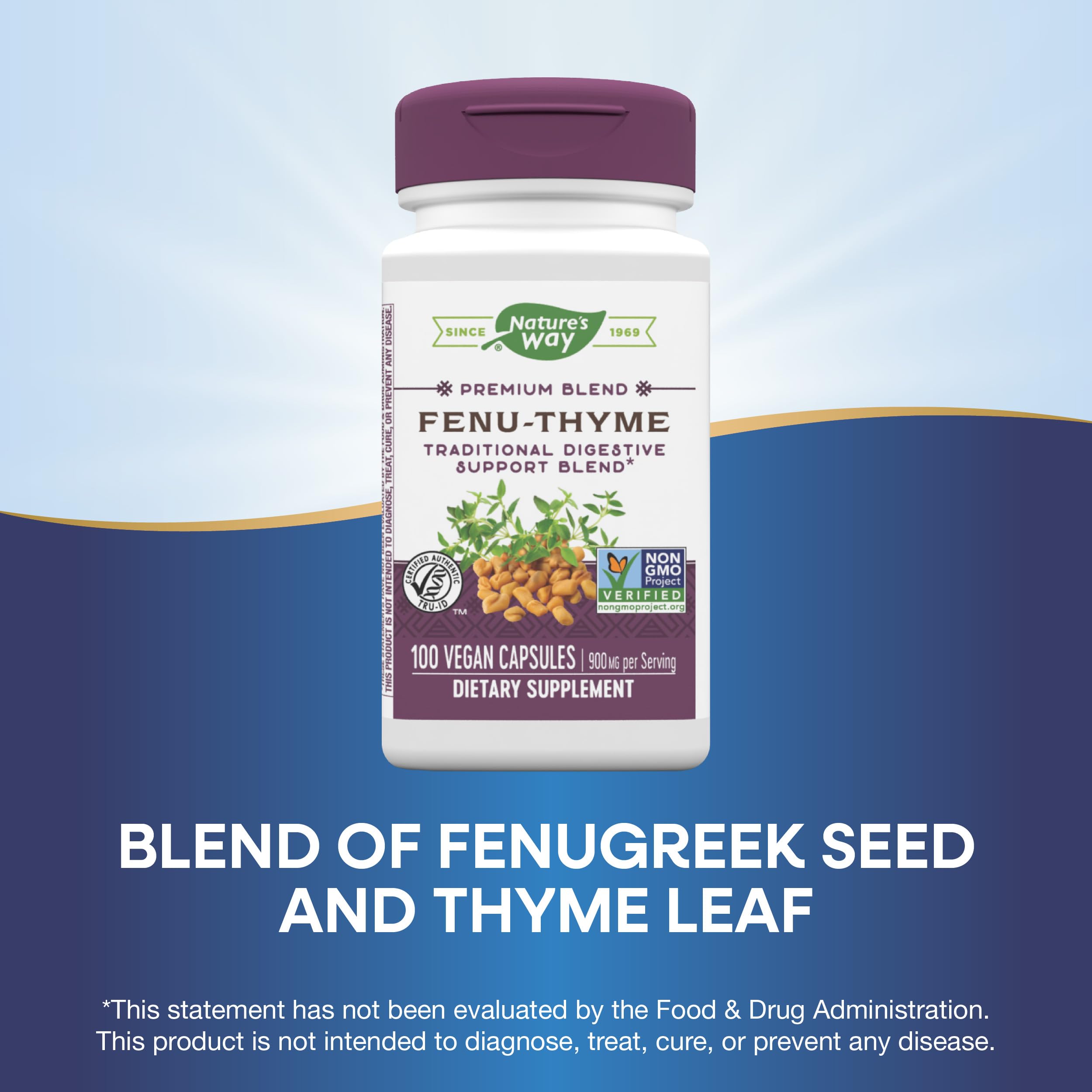 Vegan, Non-GMO Project Verified, and dairy-free labeling on Fenu-Thyme