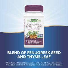 Vegan, Non-GMO Project Verified, and dairy-free labeling on Fenu-Thyme