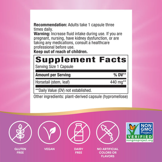 Close-up of vegan and gluten-free claims on the Nature's Way Horsetail Grass label
