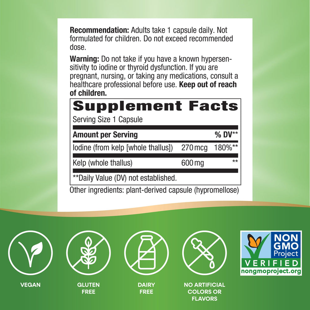 Close-up of Nature's Way Kelp bottle label