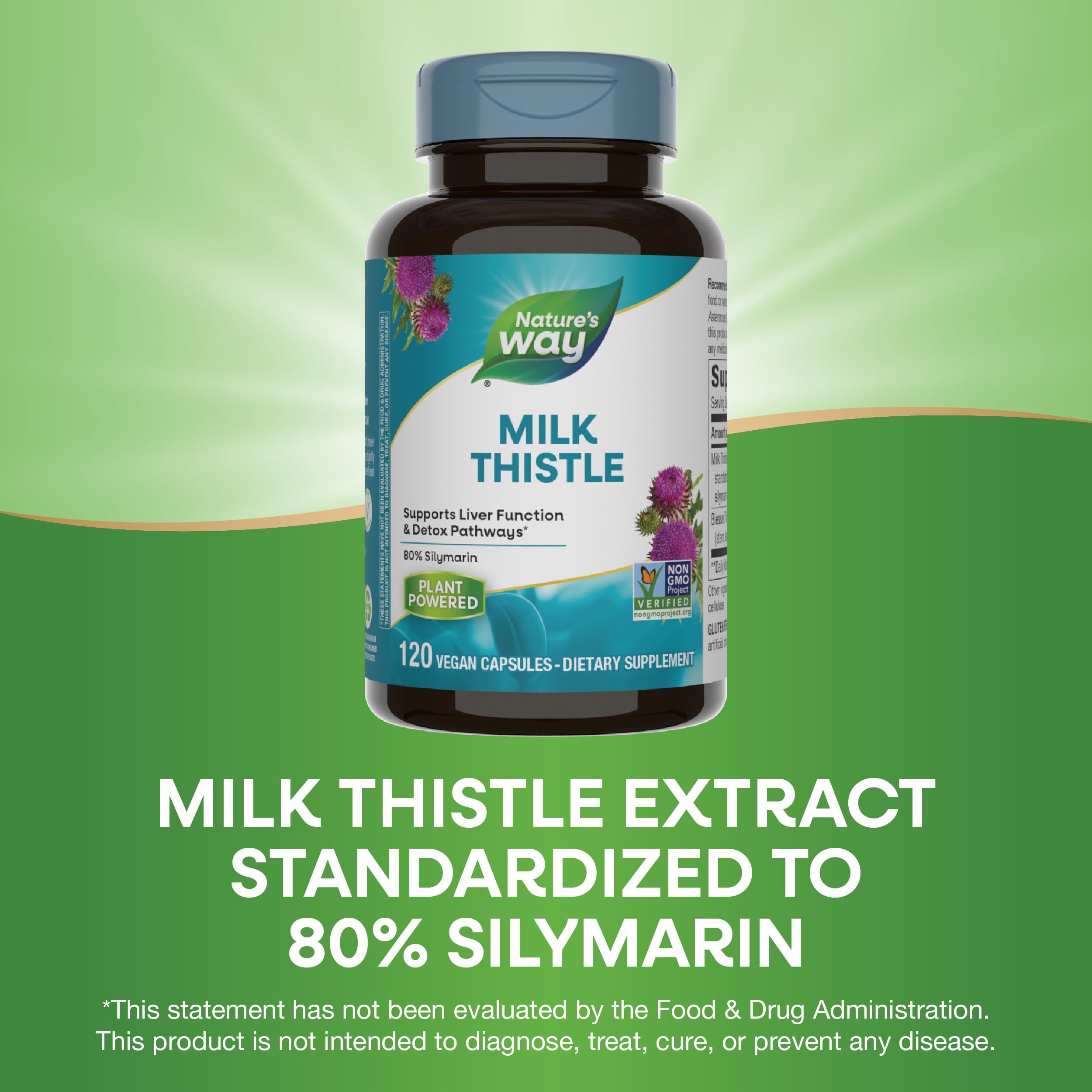Gluten-free and vegan icons on Nature's Way Milk Thistle packaging