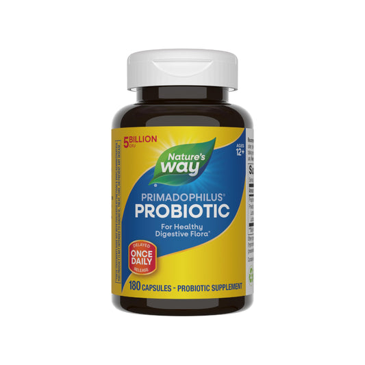 Nature's Way Primadophilus probiotic bottle with label showing 5 billion CFU per capsule