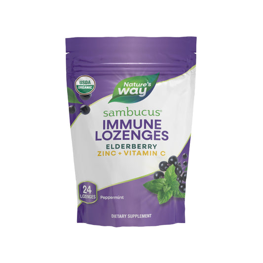 Nature’s Way Sambucus Zinc Lozenges bottle with elderberry and peppermint flavor