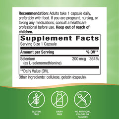 Nature's Way Selenium 100-count bottle label displaying 200 mcg per capsule
