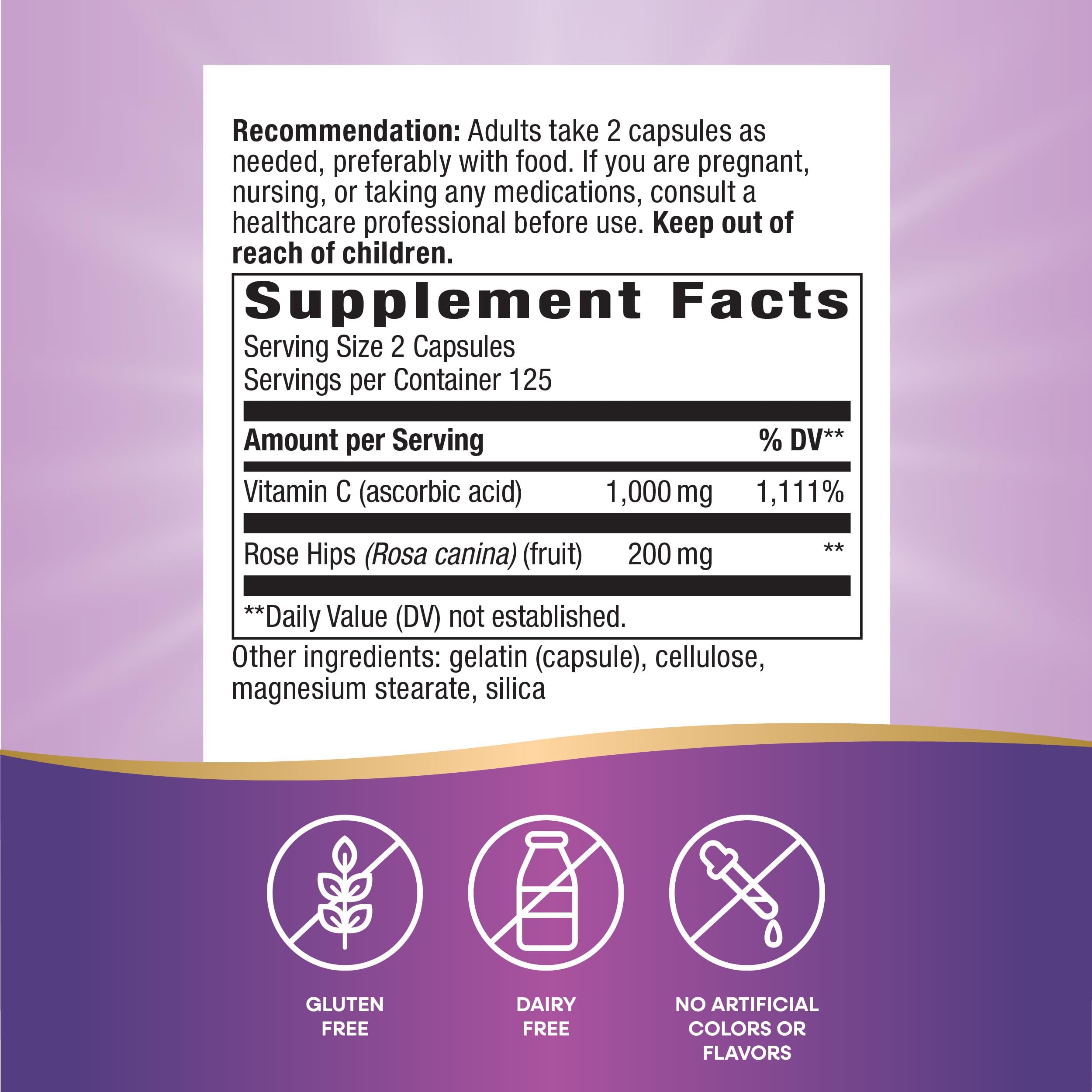 Nature's Way Vitamin C with Rose Hips capsules close-up emphasizes potency for daily antioxidant support.