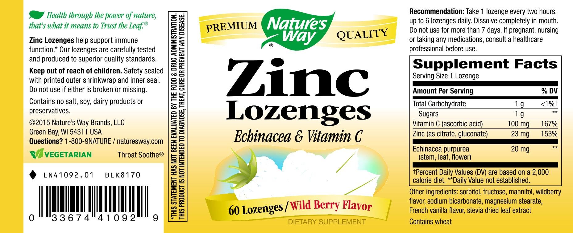 Close-up of label on NATURE'S WAY lozenges showing zinc, echinacea, and vitamin C