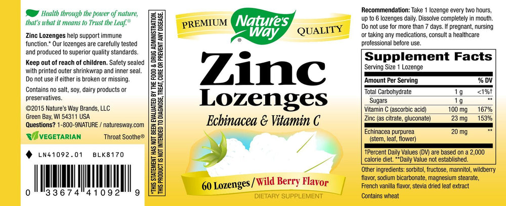 Close-up of label on NATURE'S WAY lozenges showing zinc, echinacea, and vitamin C