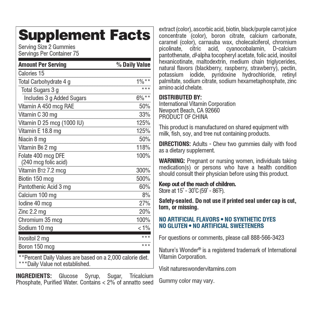 Nutrition facts panel for Nature's Wonder Women's Multivitamin Gummies