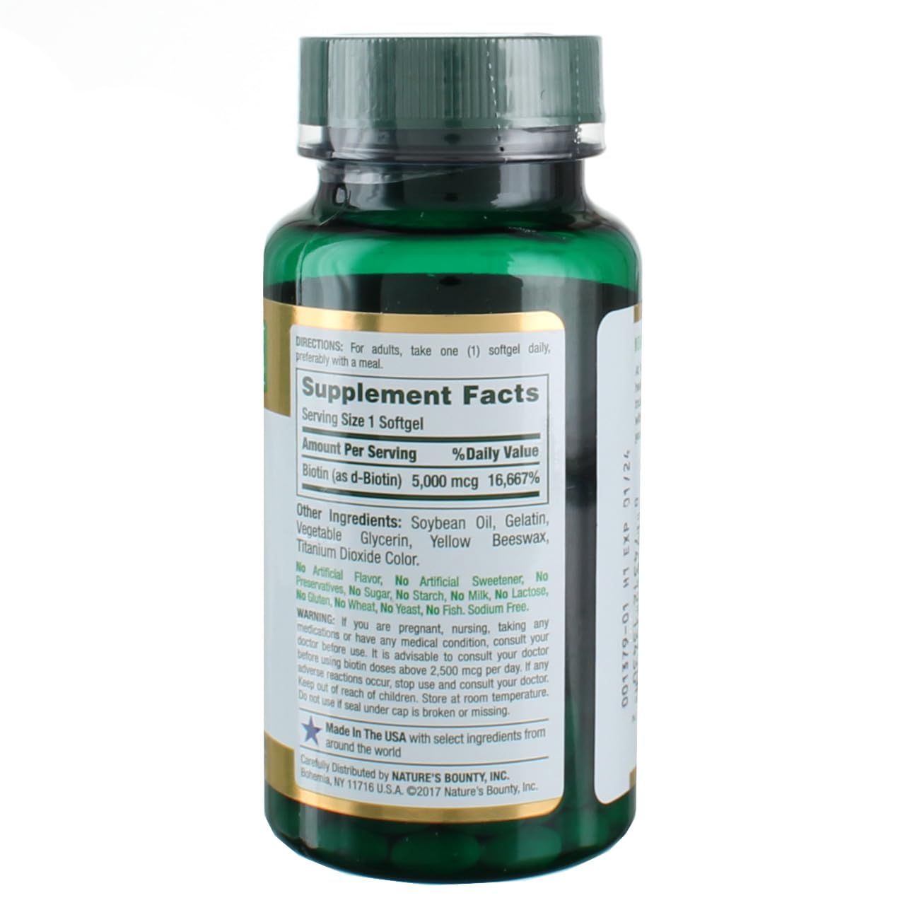 Bottle 1 of Nature's Bounty Biotin 5000mcg 72 softgels