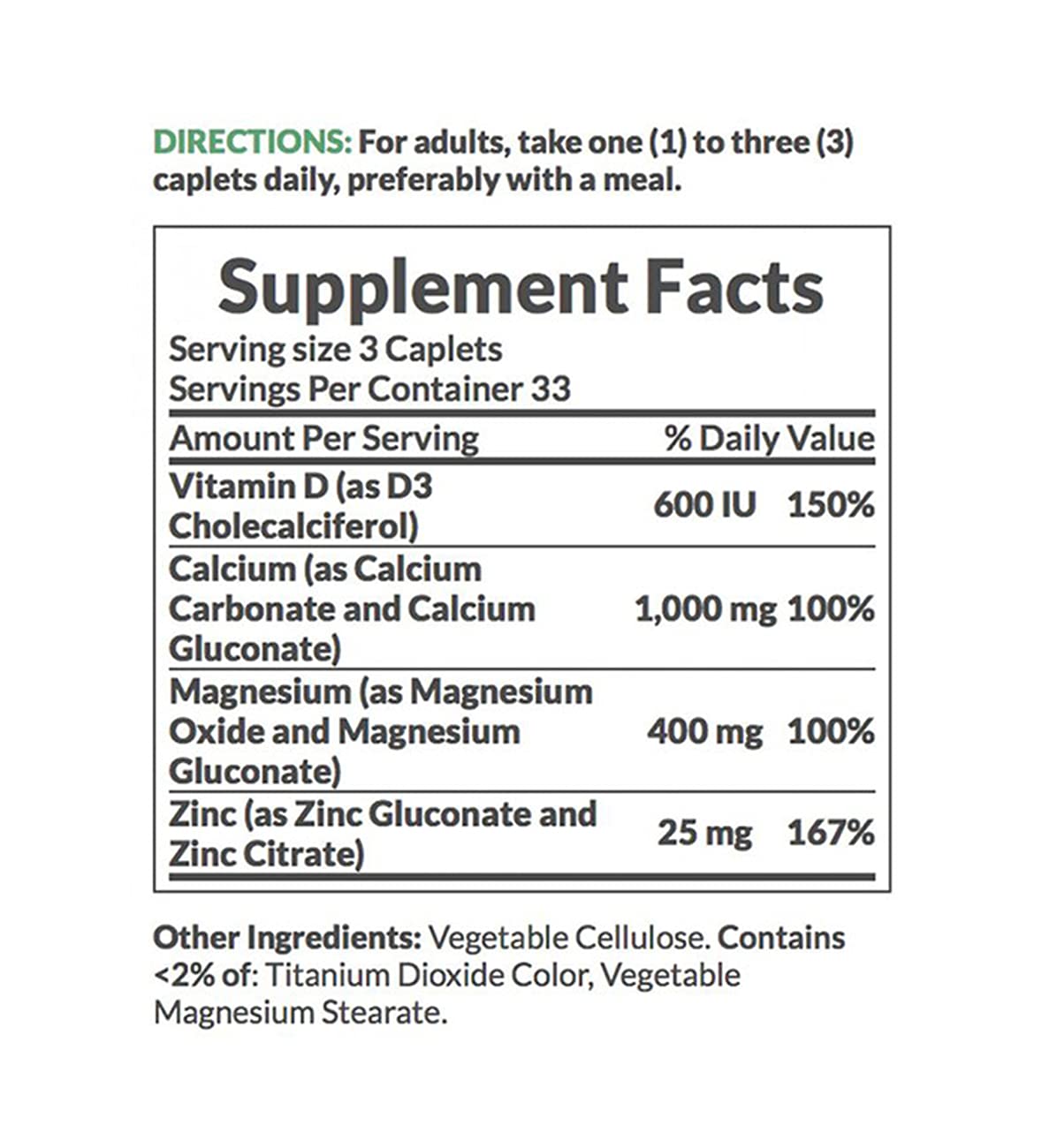 Front label detailing ingredients calcium magnesium zinc and vitamin D on bottle