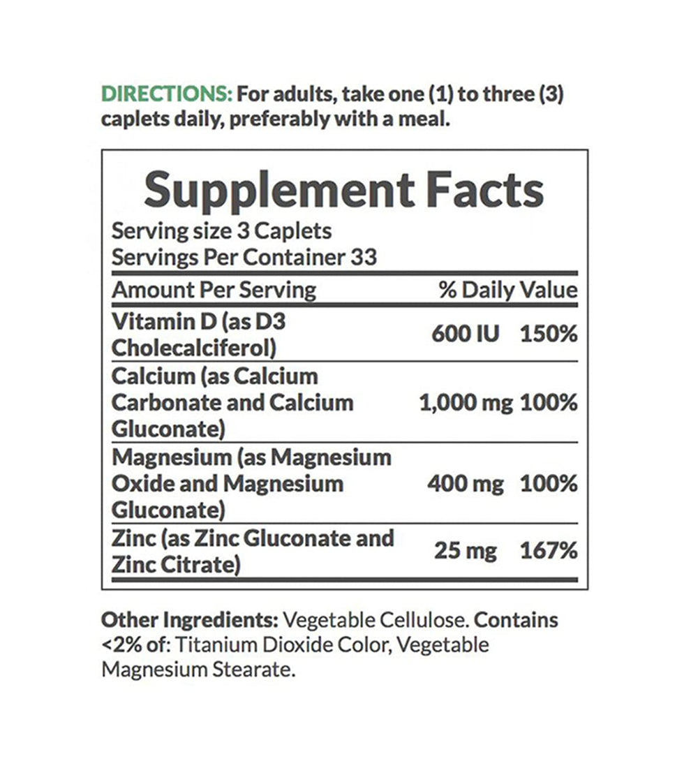Front label detailing ingredients calcium magnesium zinc and vitamin D on bottle