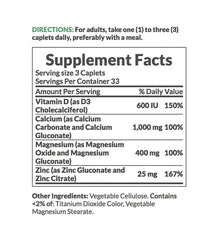 Front label detailing ingredients calcium magnesium zinc and vitamin D on bottle