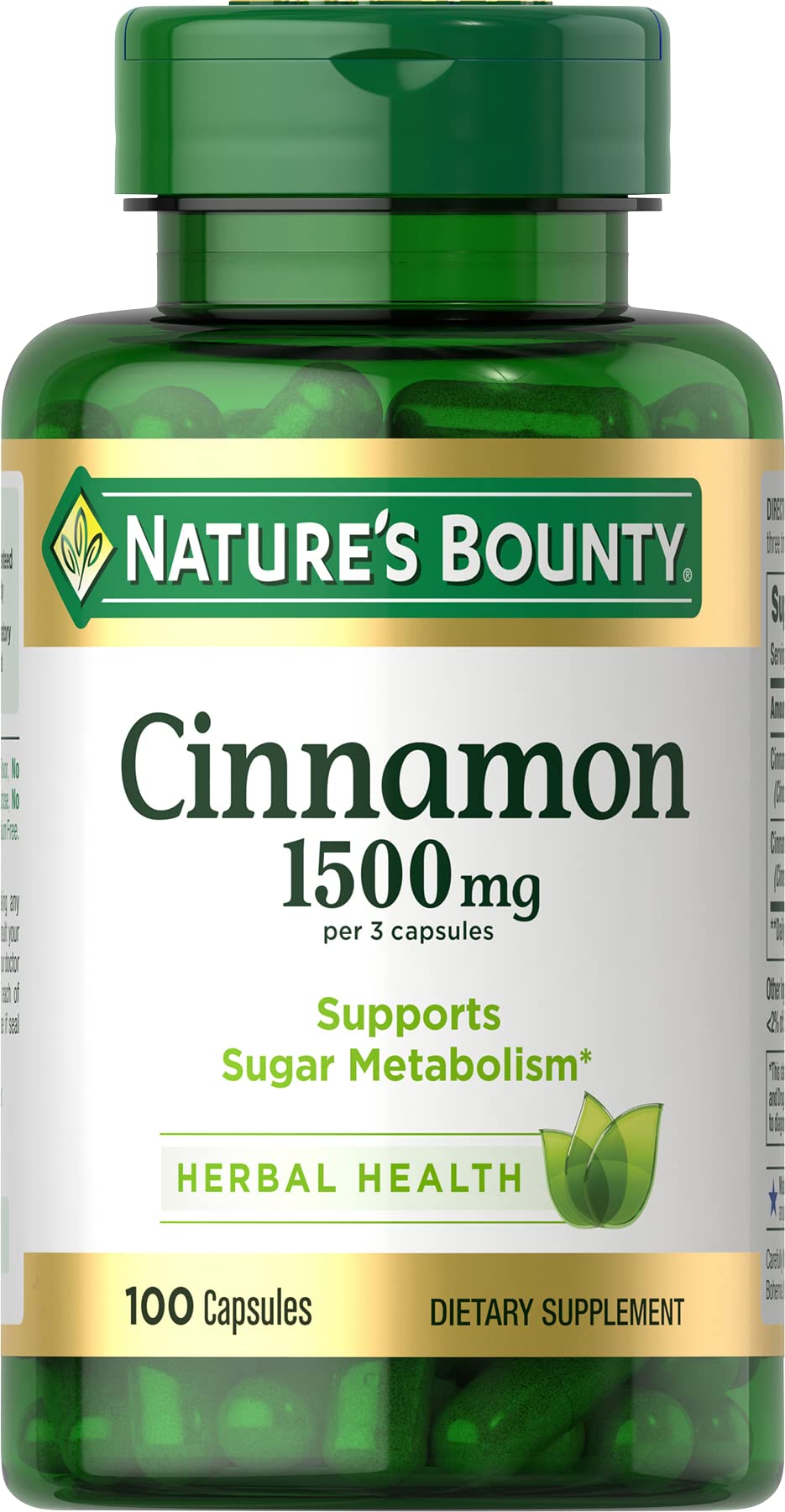 Bottle of Nature's Bounty Cinnamon Capsules with label showing 1500 mg per two capsules