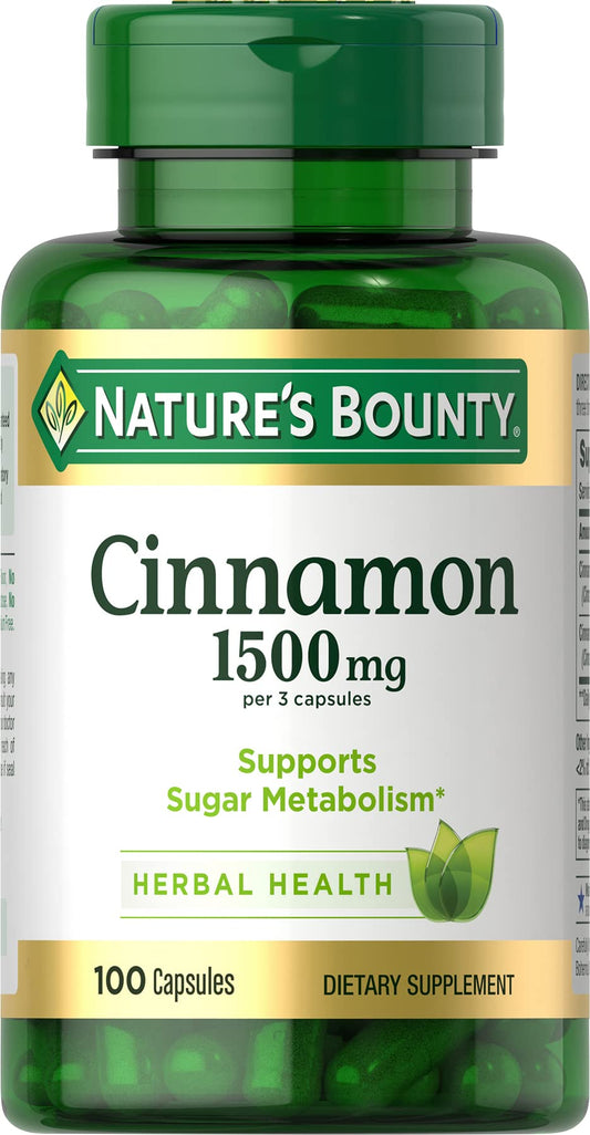Bottle of Nature's Bounty Cinnamon Capsules with label showing 1500 mg per two capsules