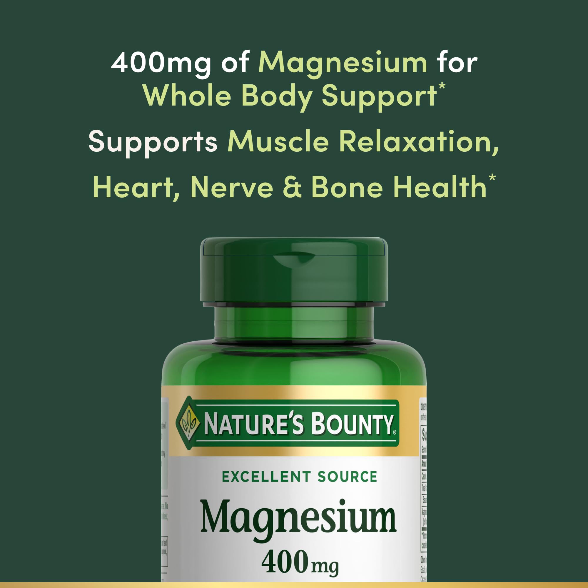 Nature's Bounty Magnesium 400 mg softgel bottle on a white background