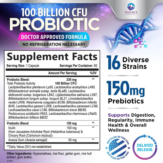 Close-up label highlighting 100 Billion CFU and 16 strains