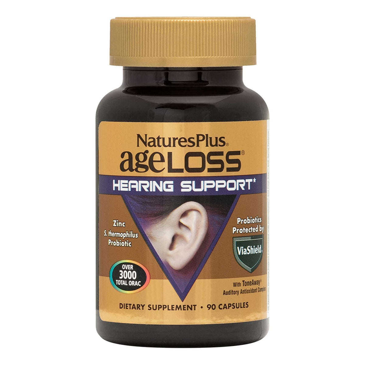 Front view of NaturesPlus AgeLoss Hearing Support bottle