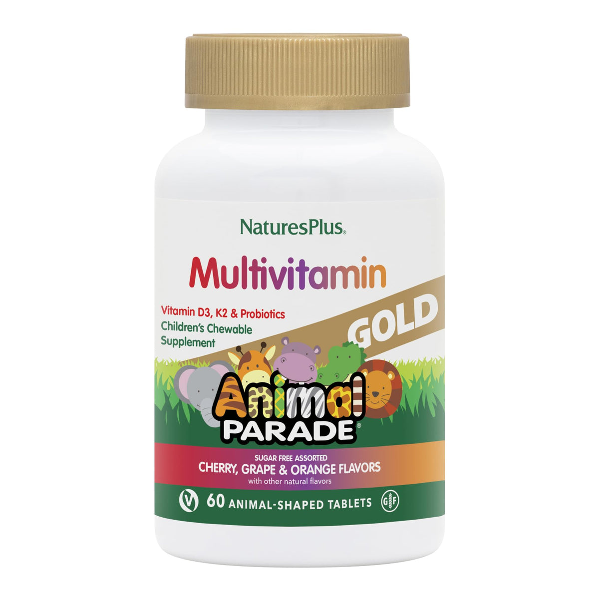Front view of Natures Plus Animal Parade Source of Life Gold Children's Multivitamin bottle