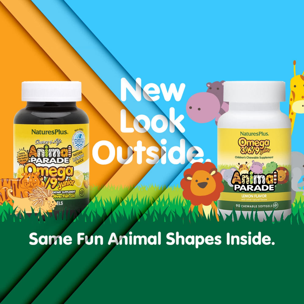 Back label view showing supplement facts of Natures Plus Animal Parade Omega 3/6/9 Junior Lemon