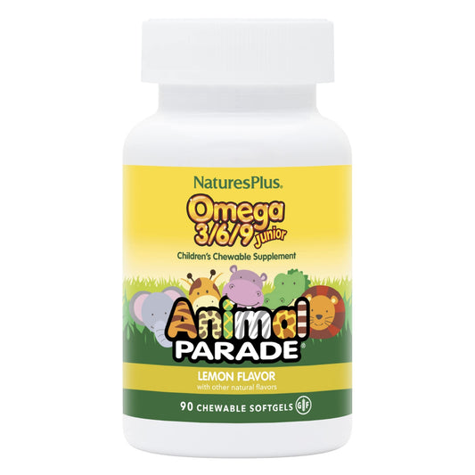 Front view of Natures Plus Animal Parade Omega 3/6/9 Junior Lemon Softgels bottle