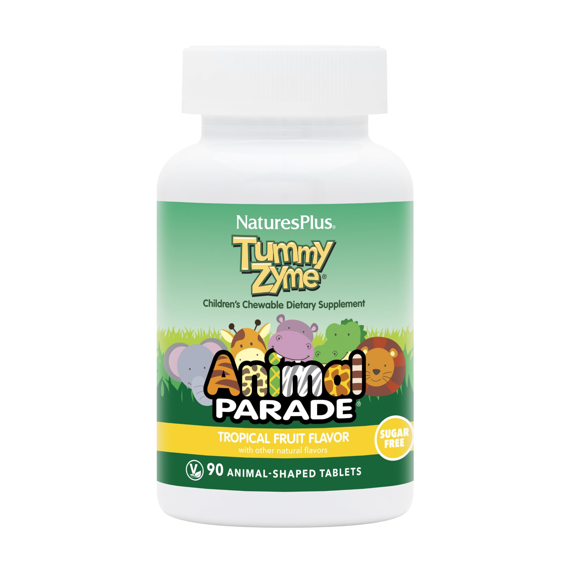 Front packaging of Natures Plus Animal Parade Tummy Zyme tropical fruit chewables