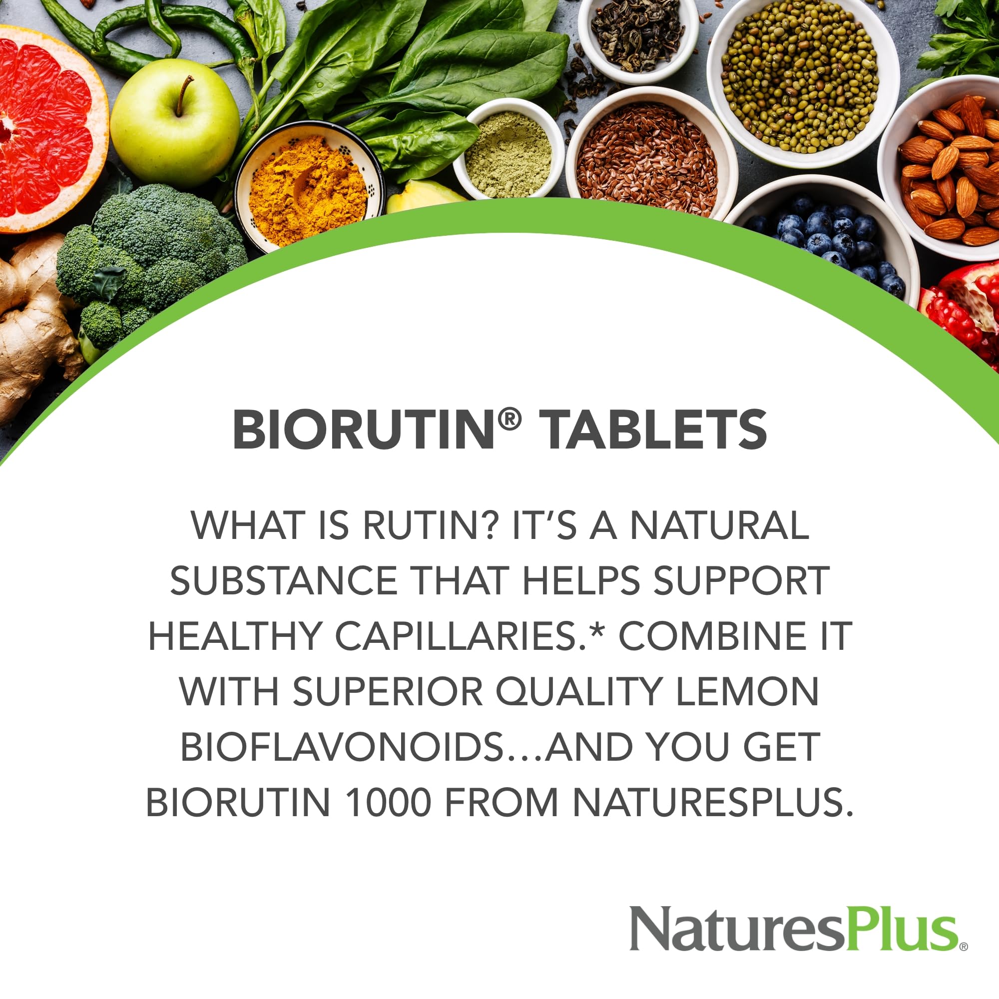 Close-up of Natures Plus Biorutin 1000 mg bottle