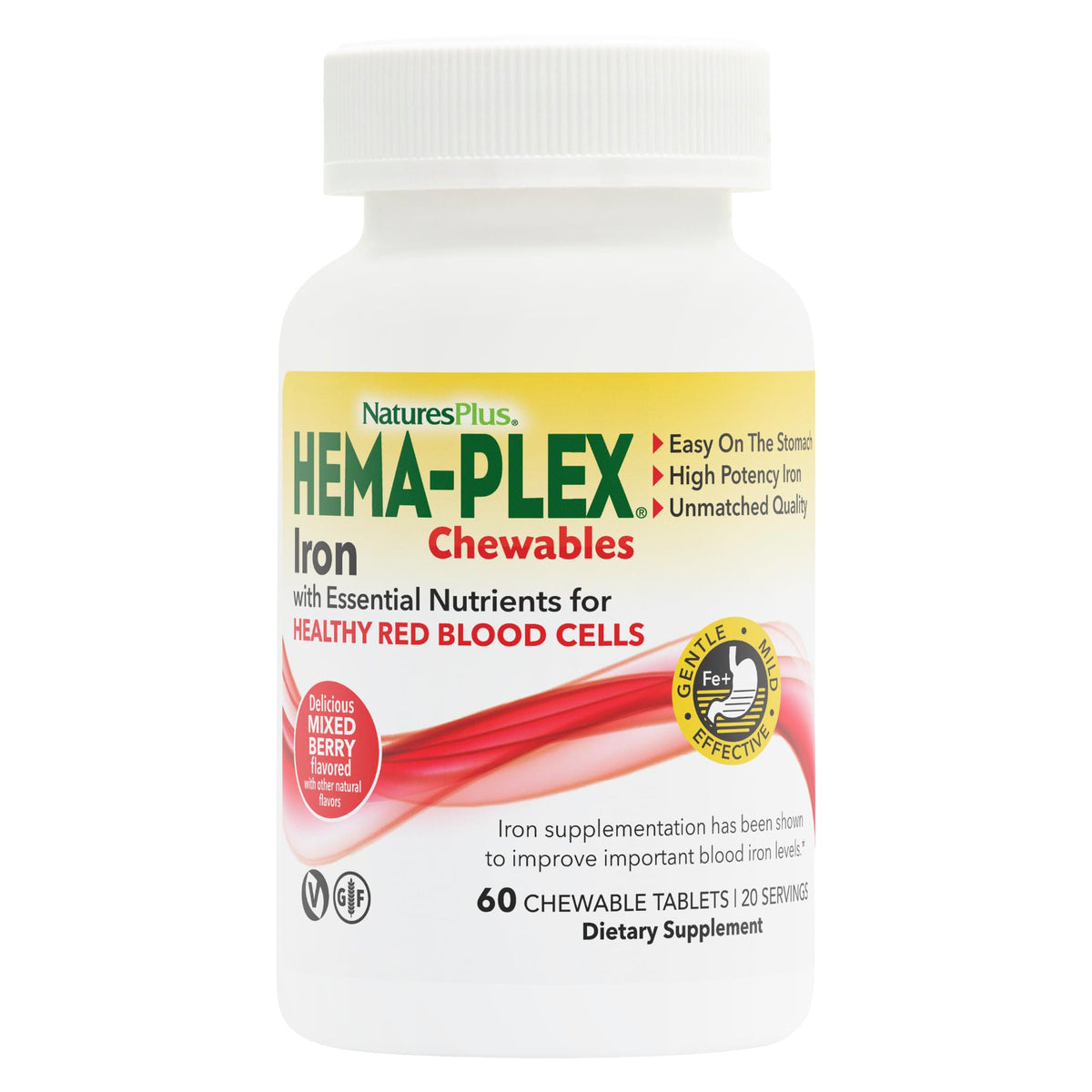 Front view of Natures Plus Hema-Plex Iron 60 mixed berry chewables