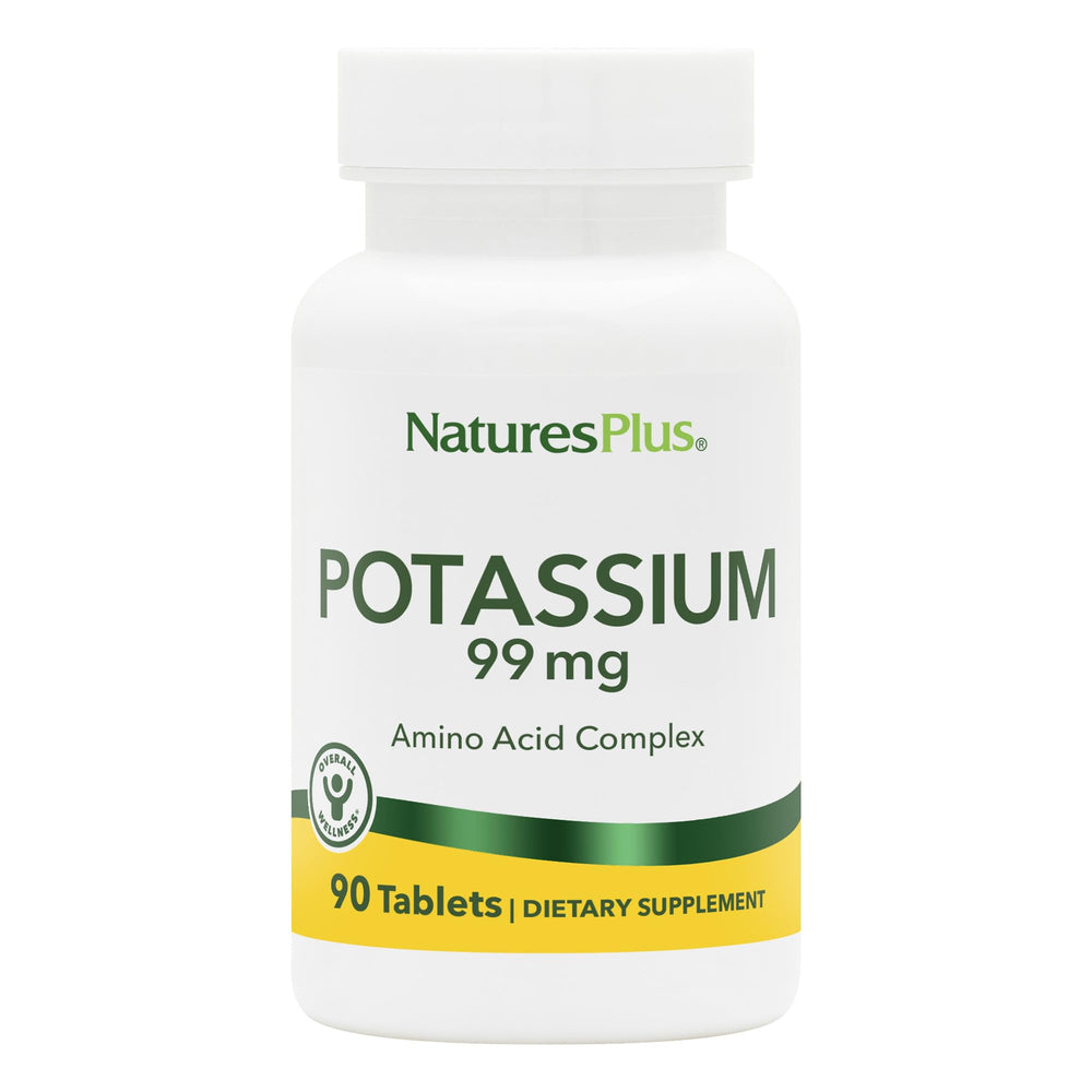 Tablets inside bottle of Nature’s Plus Potassium 99 mg 90 tablets