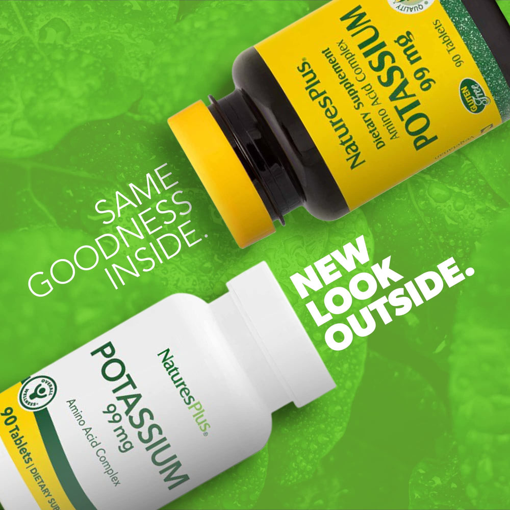 Close-up of Nature’s Plus Potassium 99 mg 90 tablets label