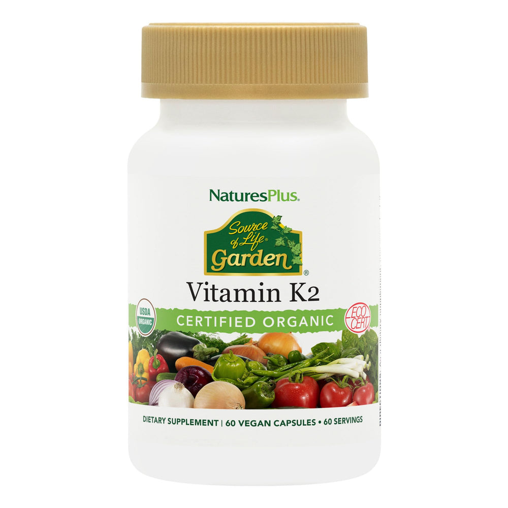 Bottle of Nature's Plus Sol Garden VIT K2 120 mcg capsules, 60 count