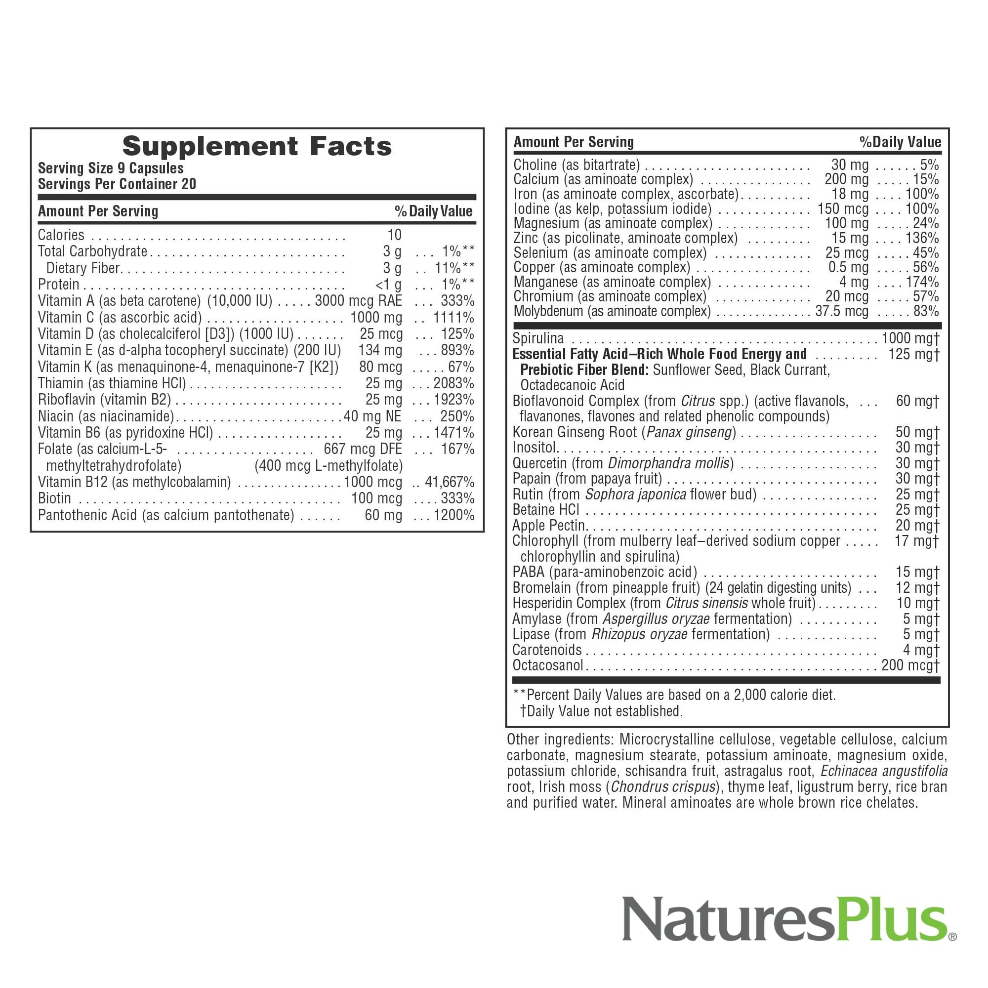 Nutrition facts chart for Source of Life 180 Capsules